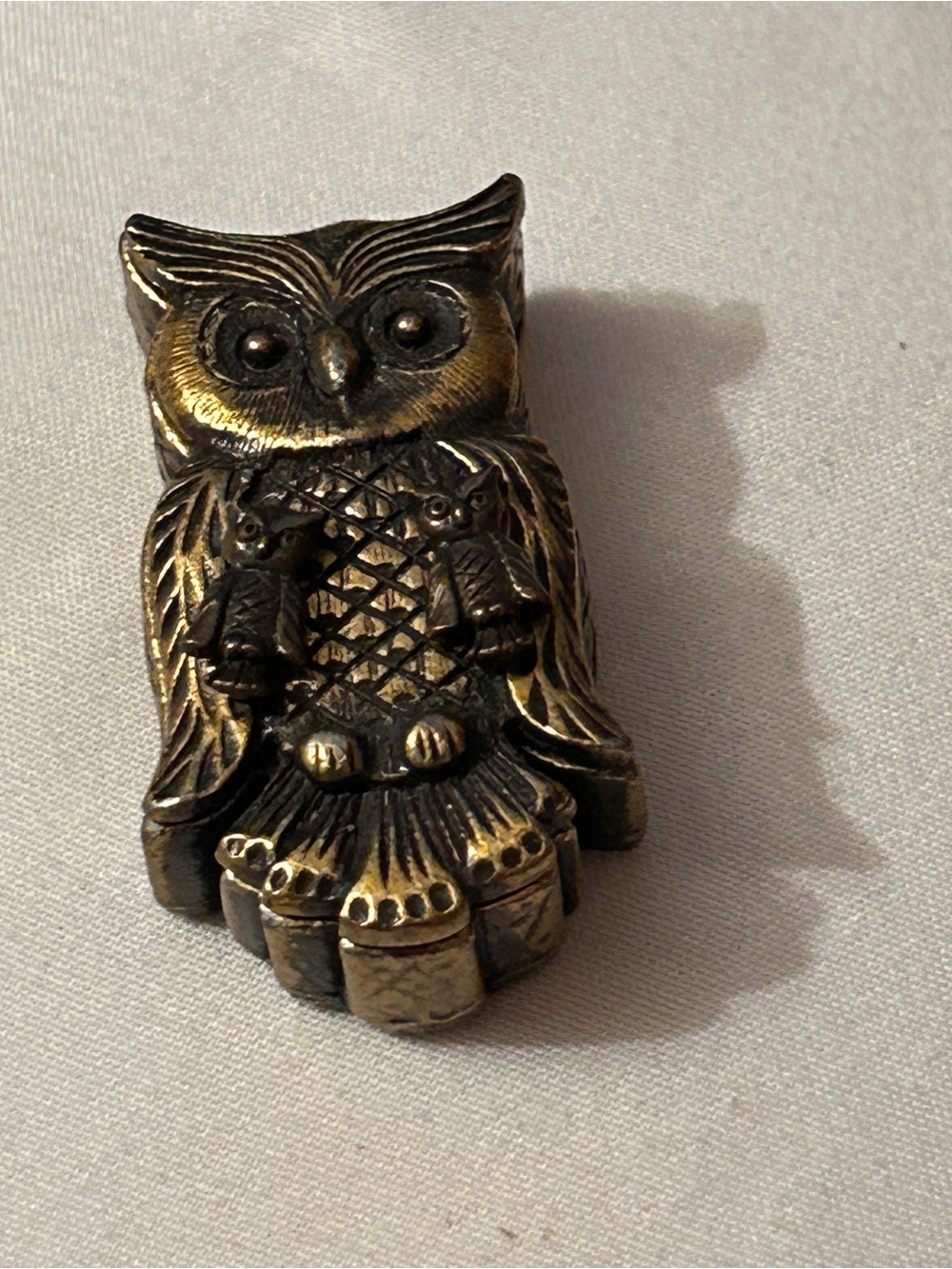 Vintage TORINO Brass Owl Brooch Necklace Earrings & Jewelry Box Set